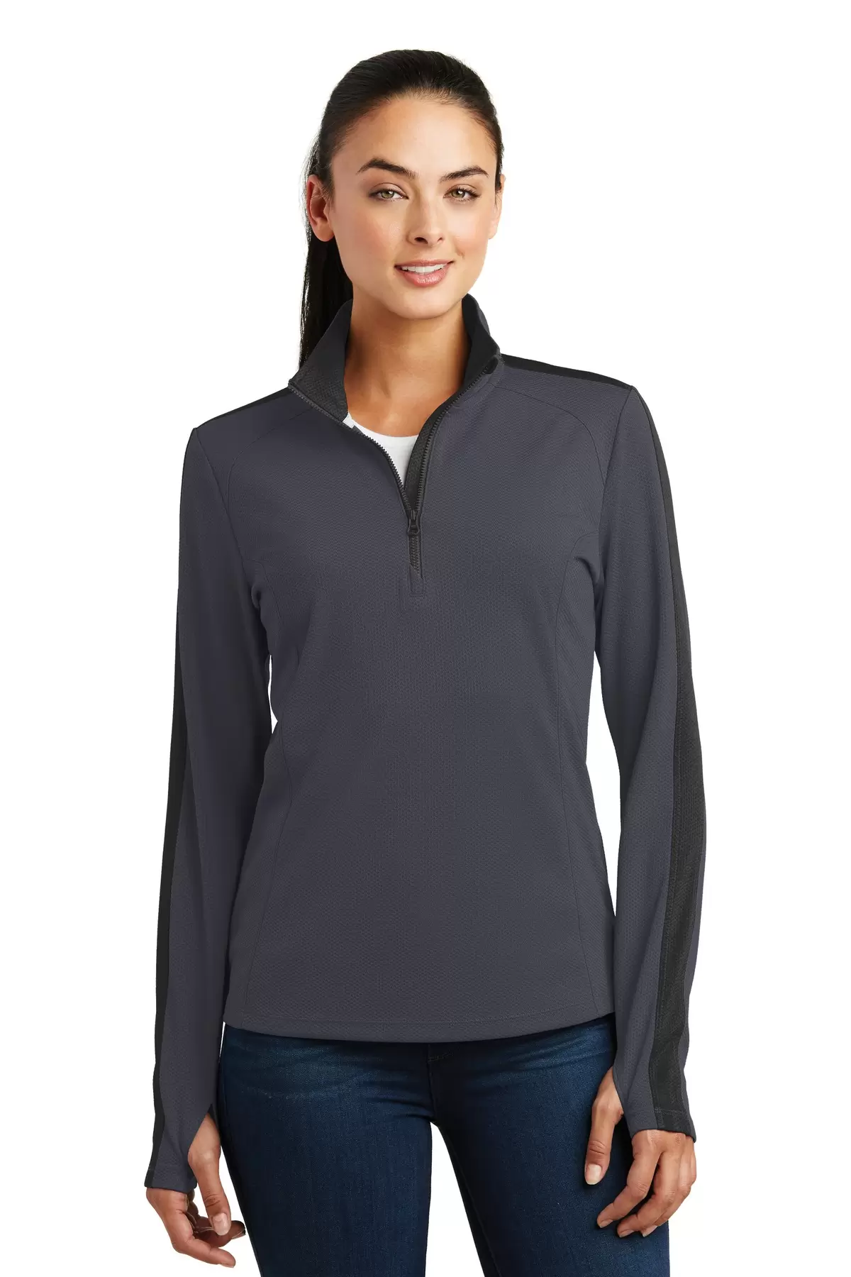 Sport Tek LST861 Sport-Tek Ladies Sport-Wick Textured Colorblock 1/4-Zip Pullover SKU: LST861