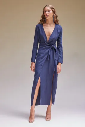 ----Suboo   ----Anika Low Front Wrap Midi Dress - Navy ---