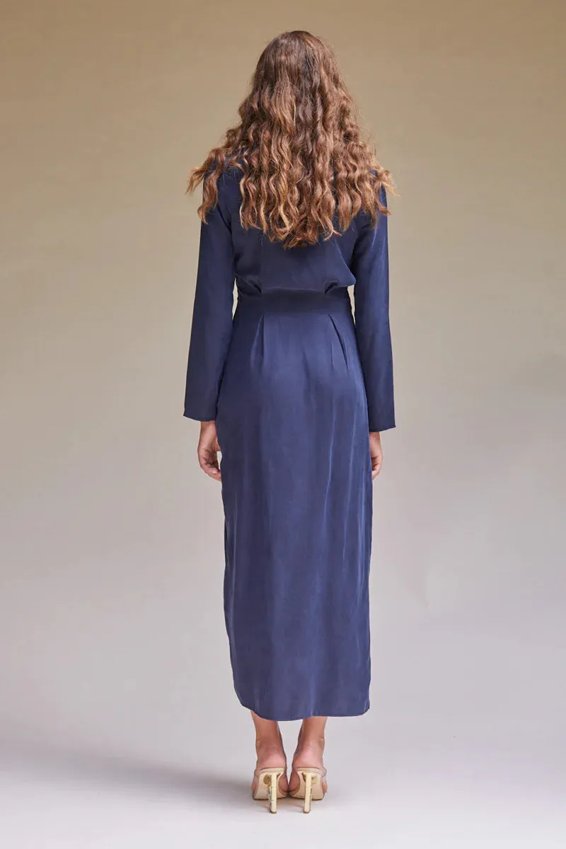 ----Suboo   ----Anika Low Front Wrap Midi Dress - Navy ---