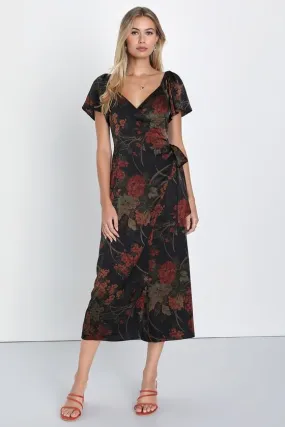 Subtle Elegance Black Floral Print Faux Wrap Midi Dress