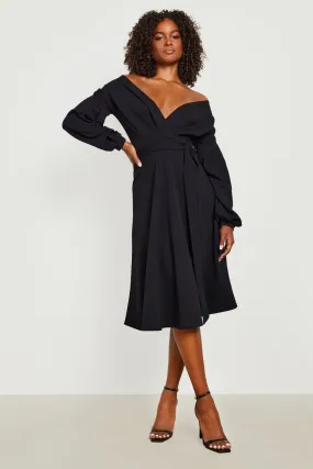 Tall Off The Shoulder Wrap Midi Skater Dress