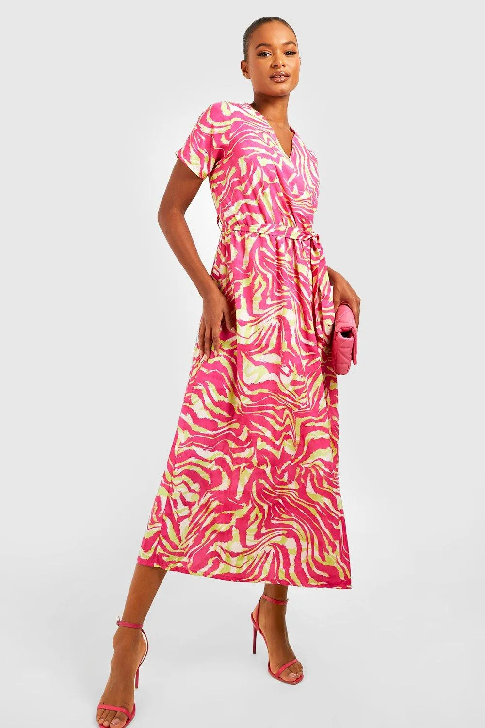 Tall Zebra Print Wrap Pleated Midi Dress