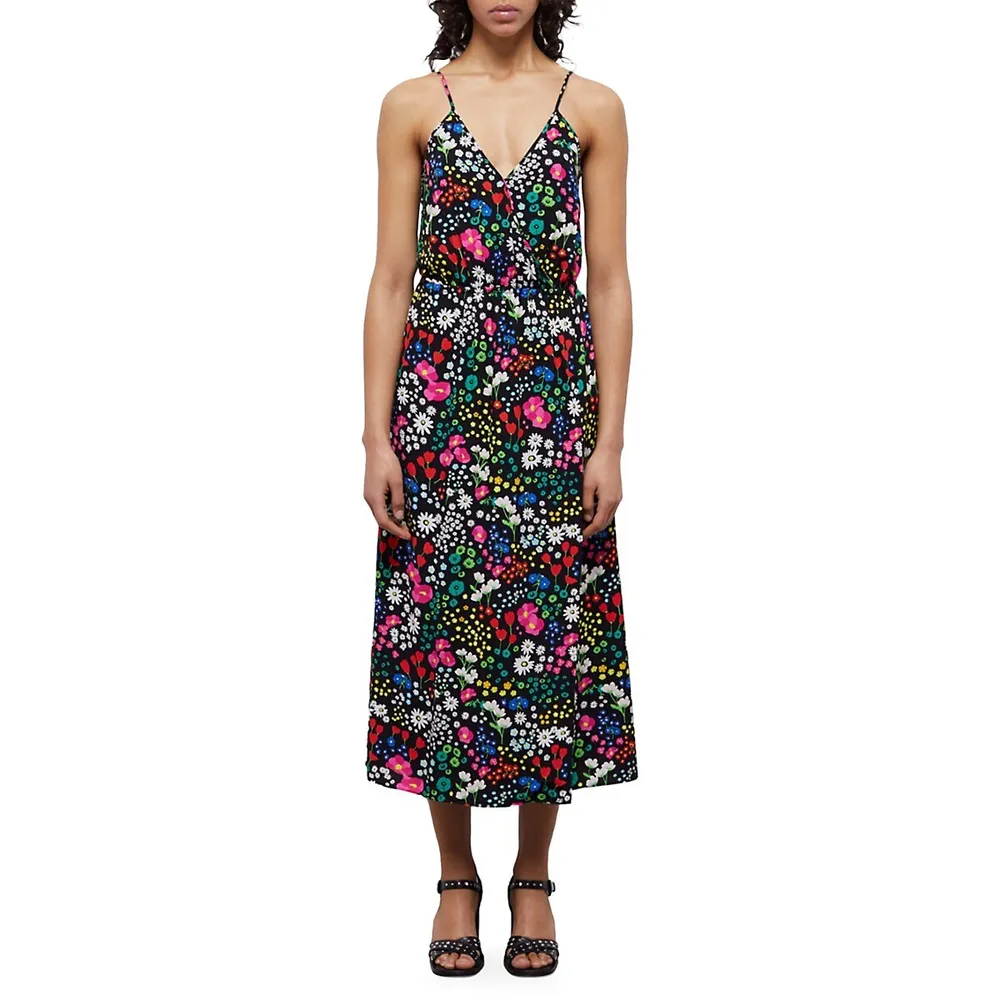 The Kooples Floral-Print Strappy Wrap Midi Dress