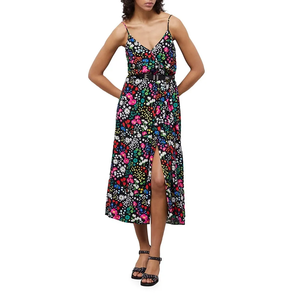 The Kooples Floral-Print Strappy Wrap Midi Dress