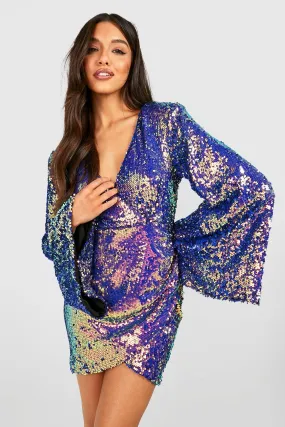 Two Tone Sequin Wrap Mini Party Dress