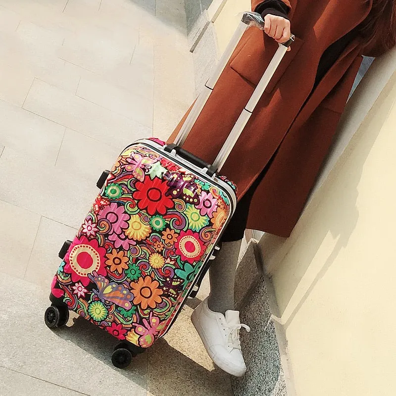 Unisex Fashion Graffiti Rolling Luggage Aluminum Frame Spinner Suitcase