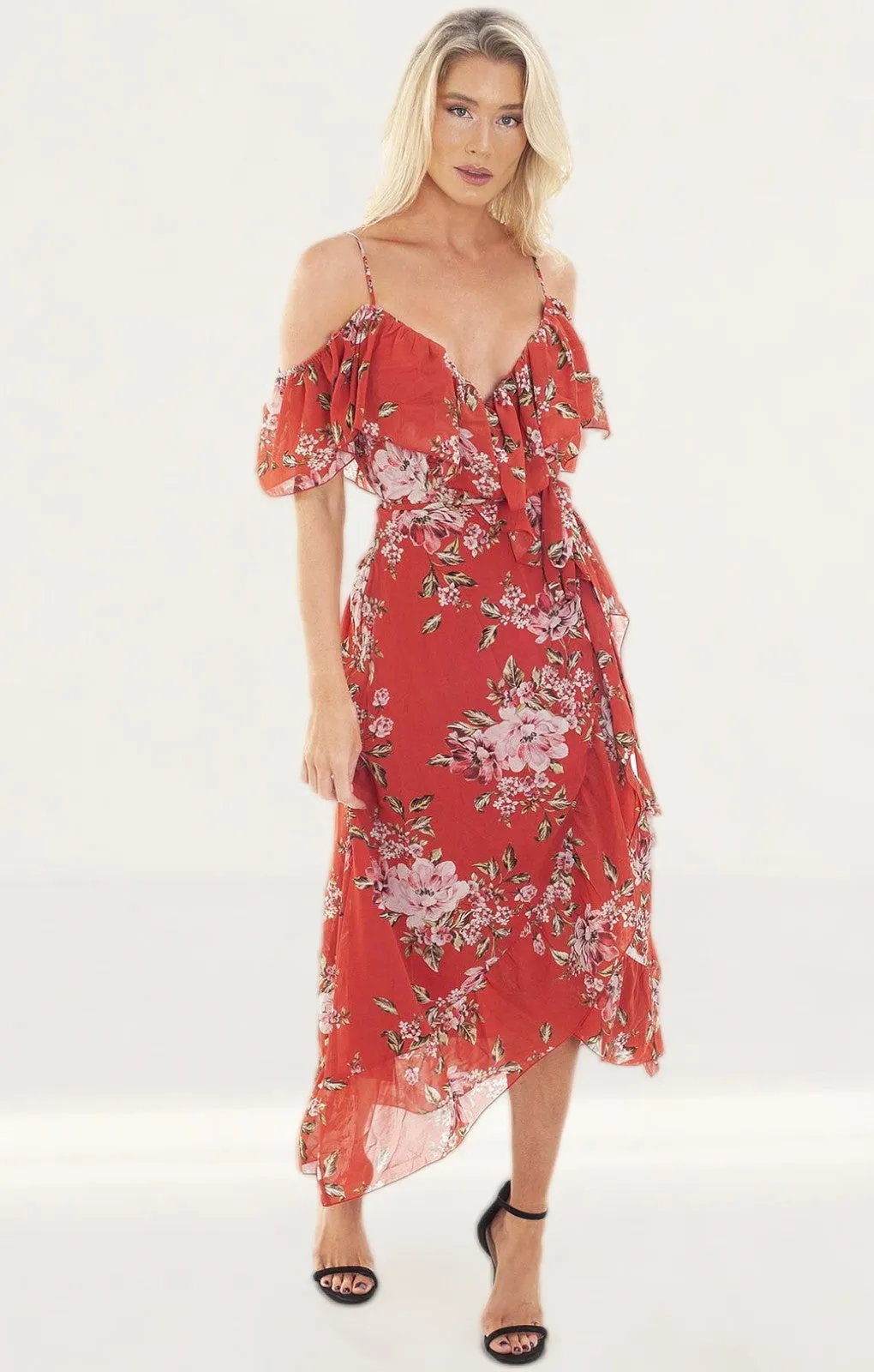 WAYF Nanette Ruffle Wrap Midi Dress