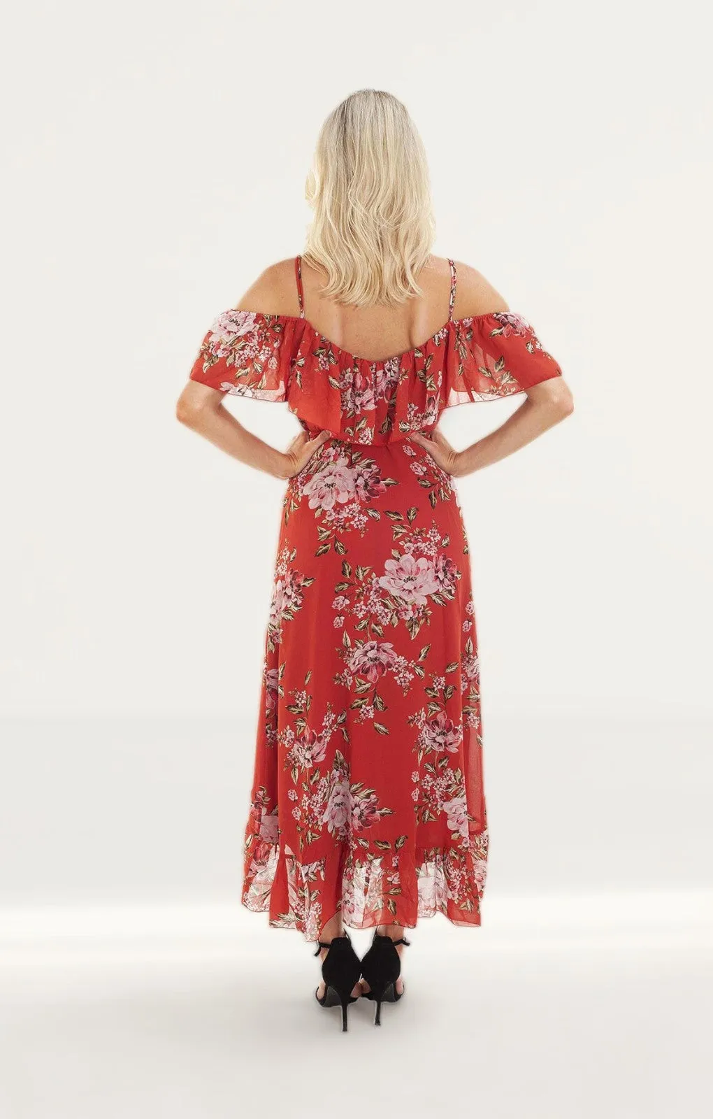 WAYF Nanette Ruffle Wrap Midi Dress