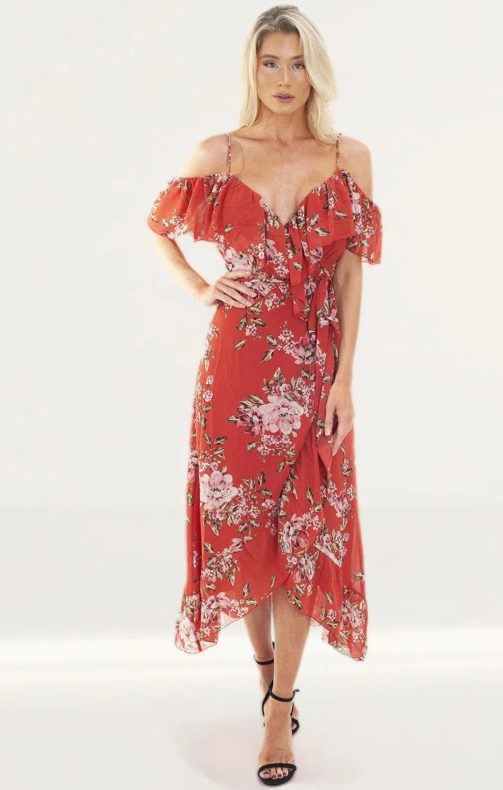 WAYF Nanette Ruffle Wrap Midi Dress