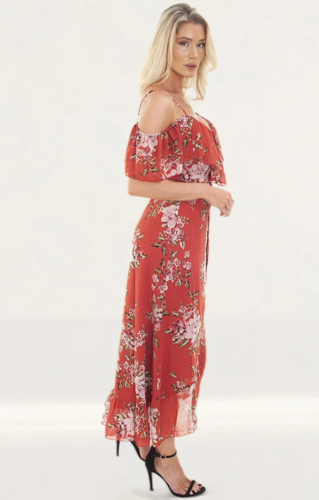 WAYF Nanette Ruffle Wrap Midi Dress