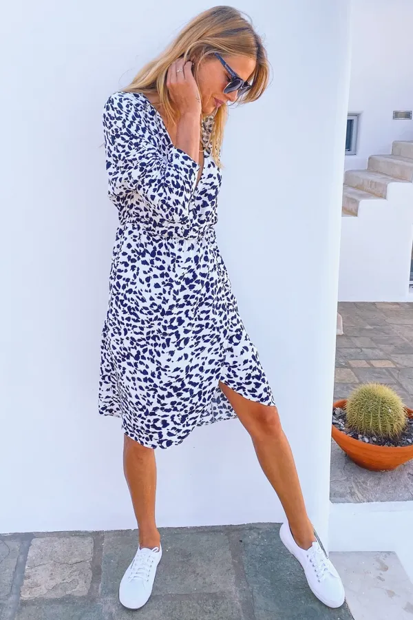 White & Black Animal Print Faux Wrap Dress