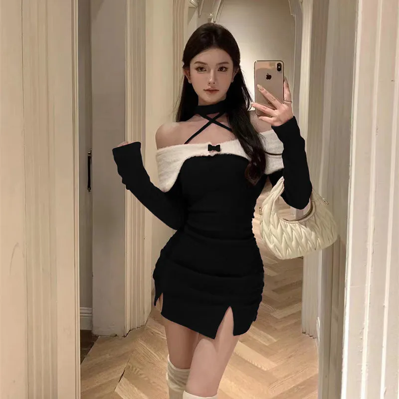 Wine Red Knitted Dress Women's Autumn and Winter Sexy Pure Desire Waist Tight Wrap Hip Short Skirt LL-688