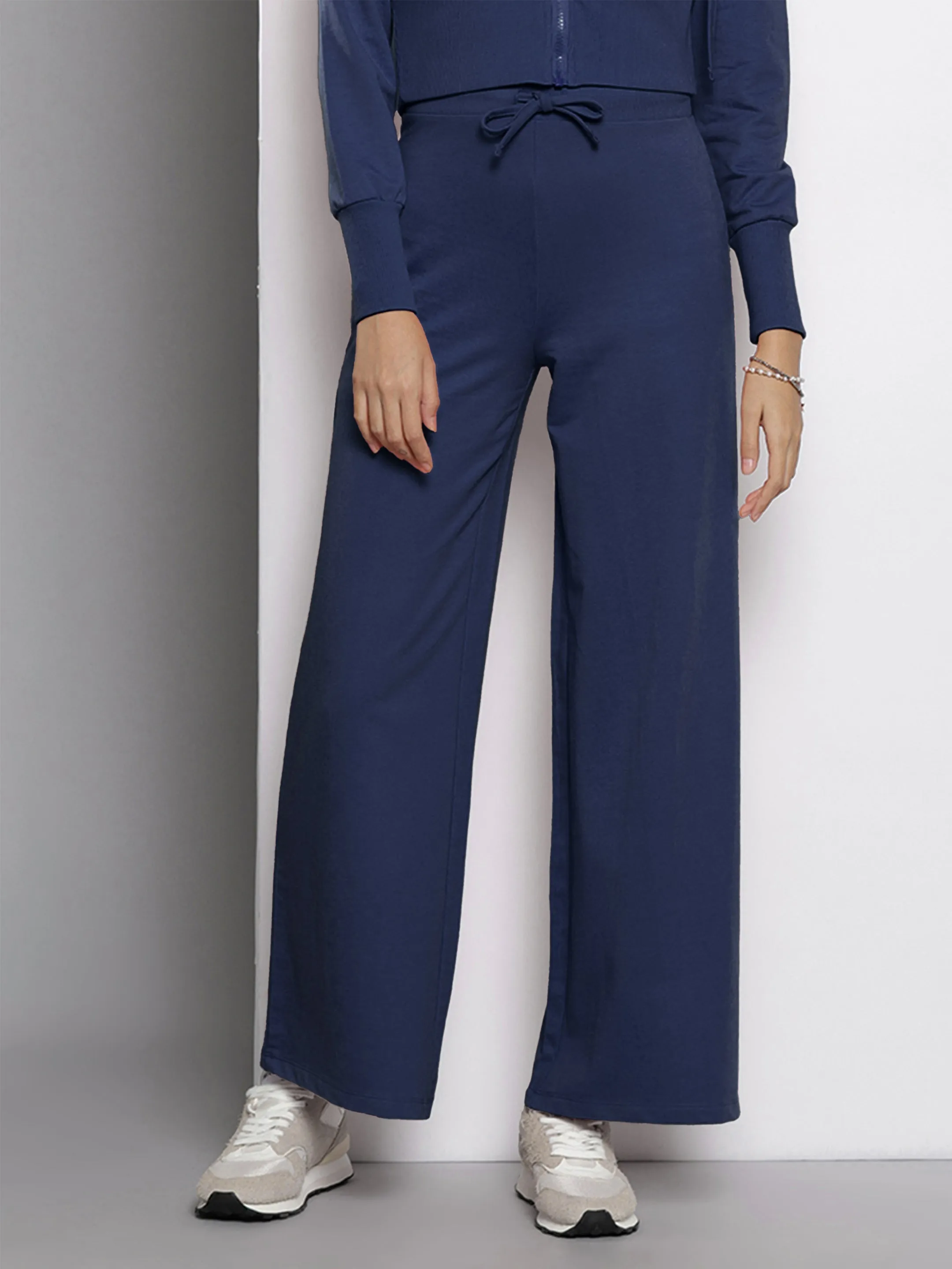 Women Navy Blue Terry Wide Leg Drawstring Pants