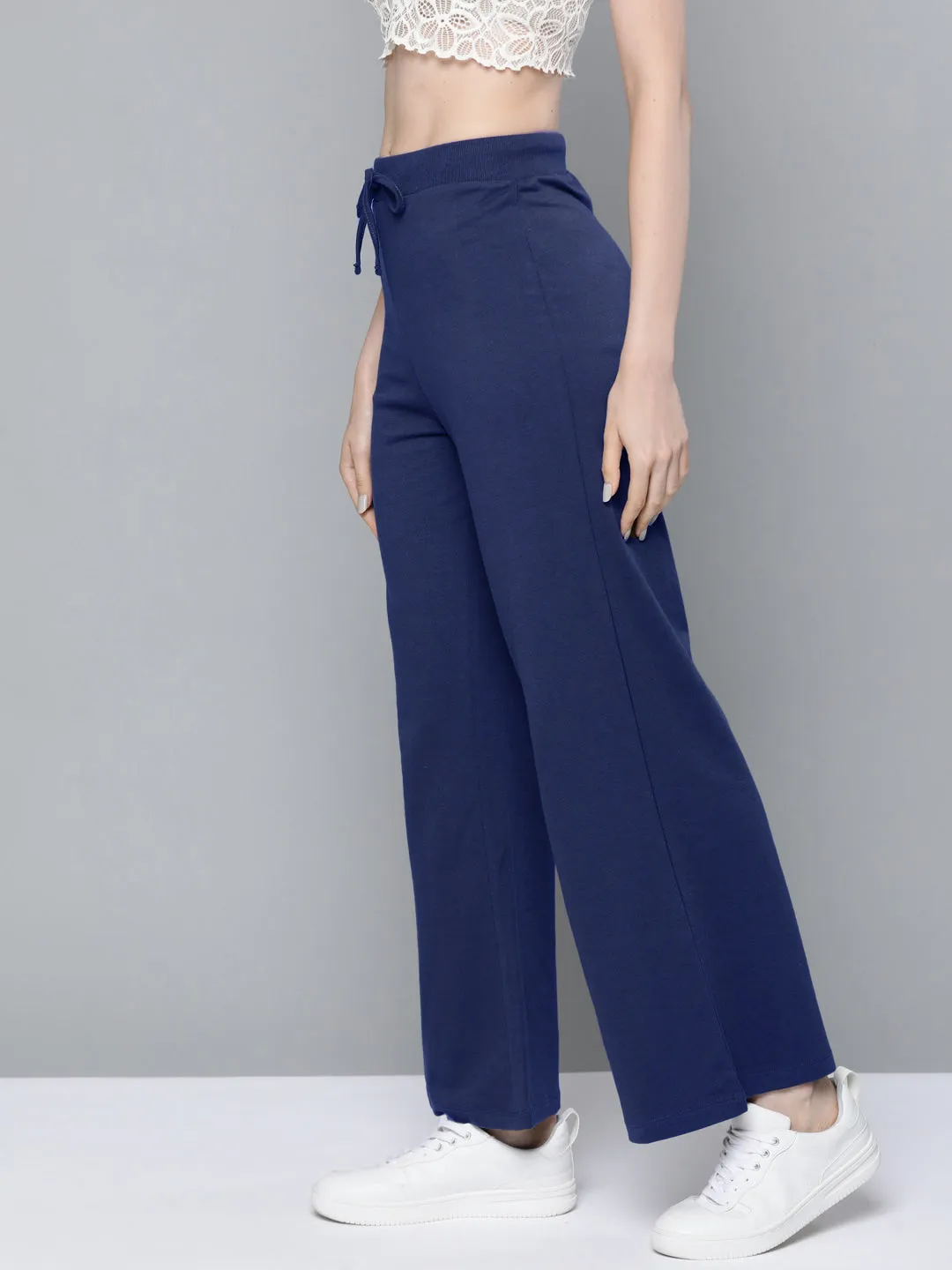 Women Navy Blue Terry Wide Leg Drawstring Pants