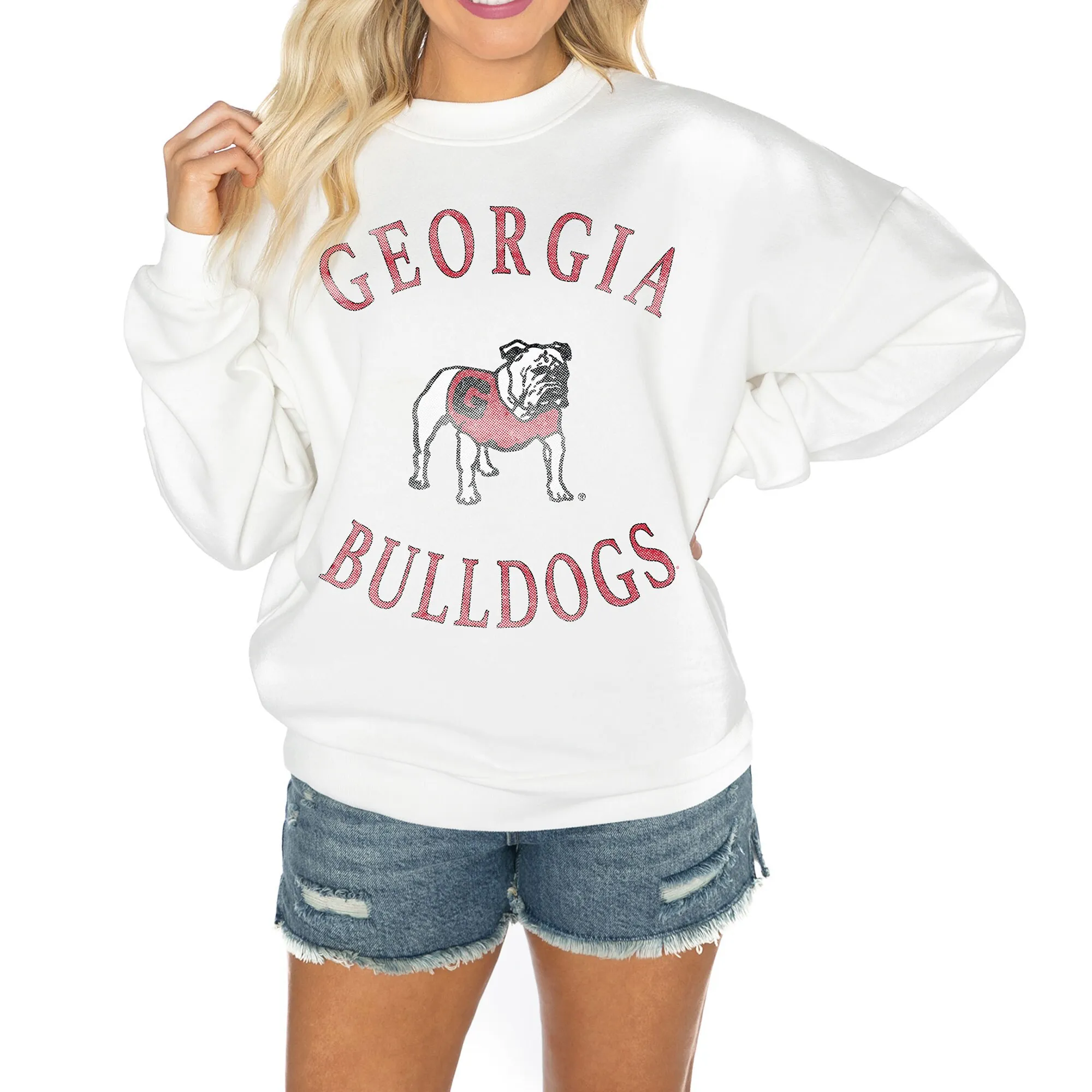 Women's Gameday Couture White Georgia Bulldogs Good Vibes Premium Fleece Drop Shoulder Pullover Sweatshirt