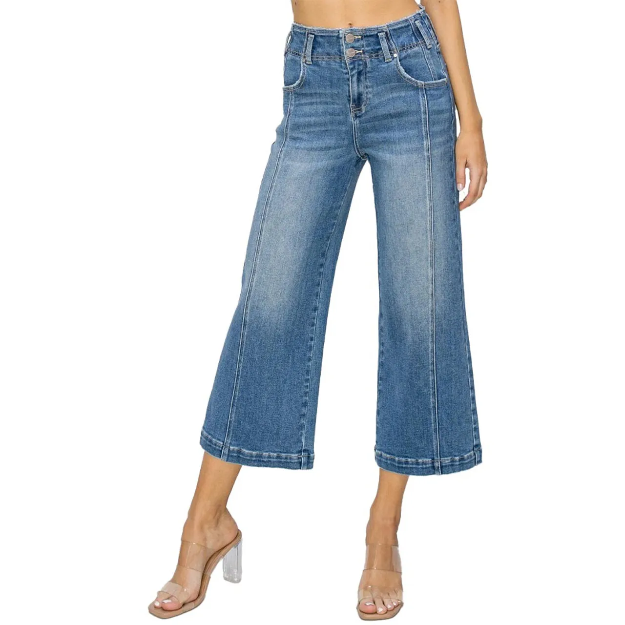 Women's Risen High Rise Front Seam Detail Crop Wide Jeans - Medium