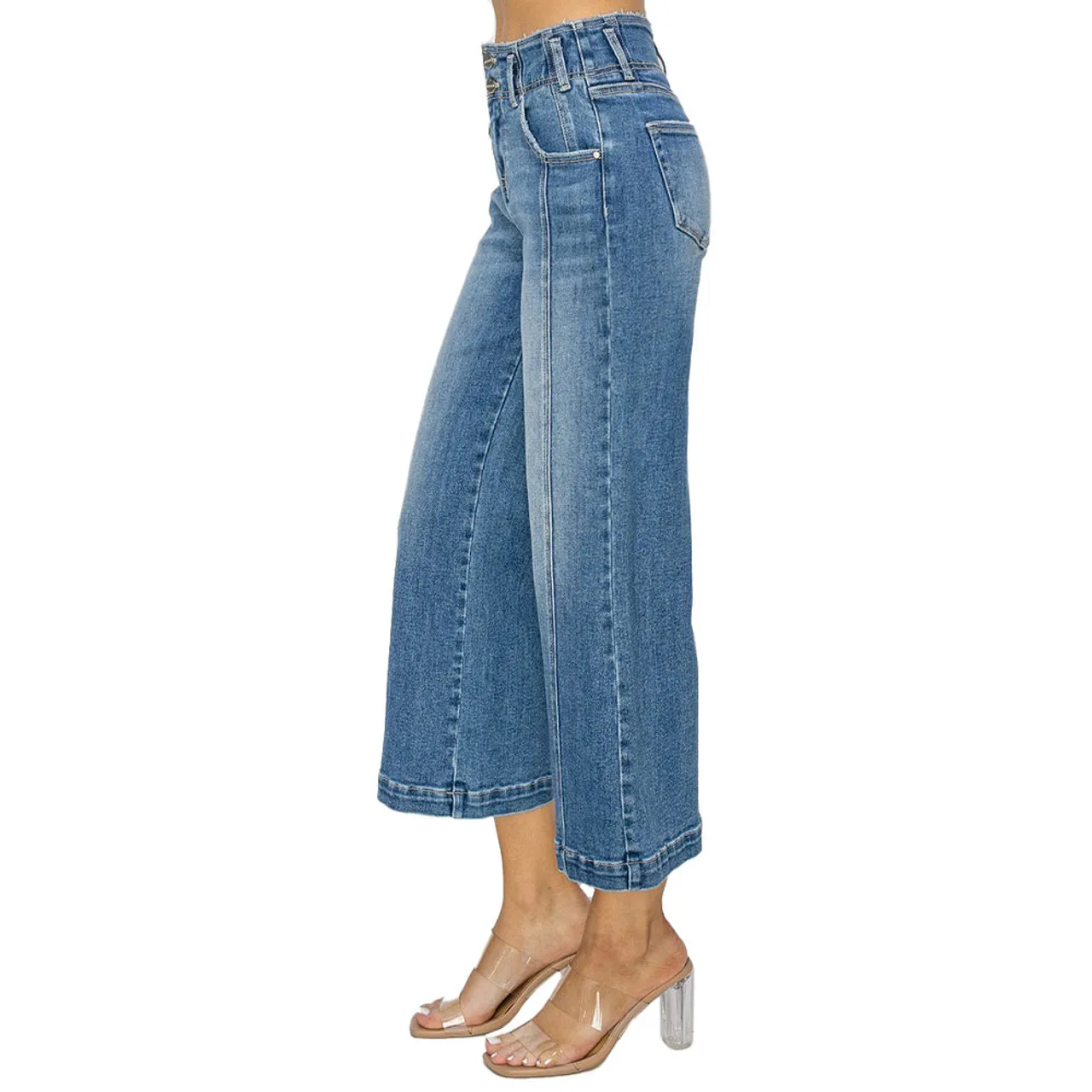 Women's Risen High Rise Front Seam Detail Crop Wide Jeans - Medium