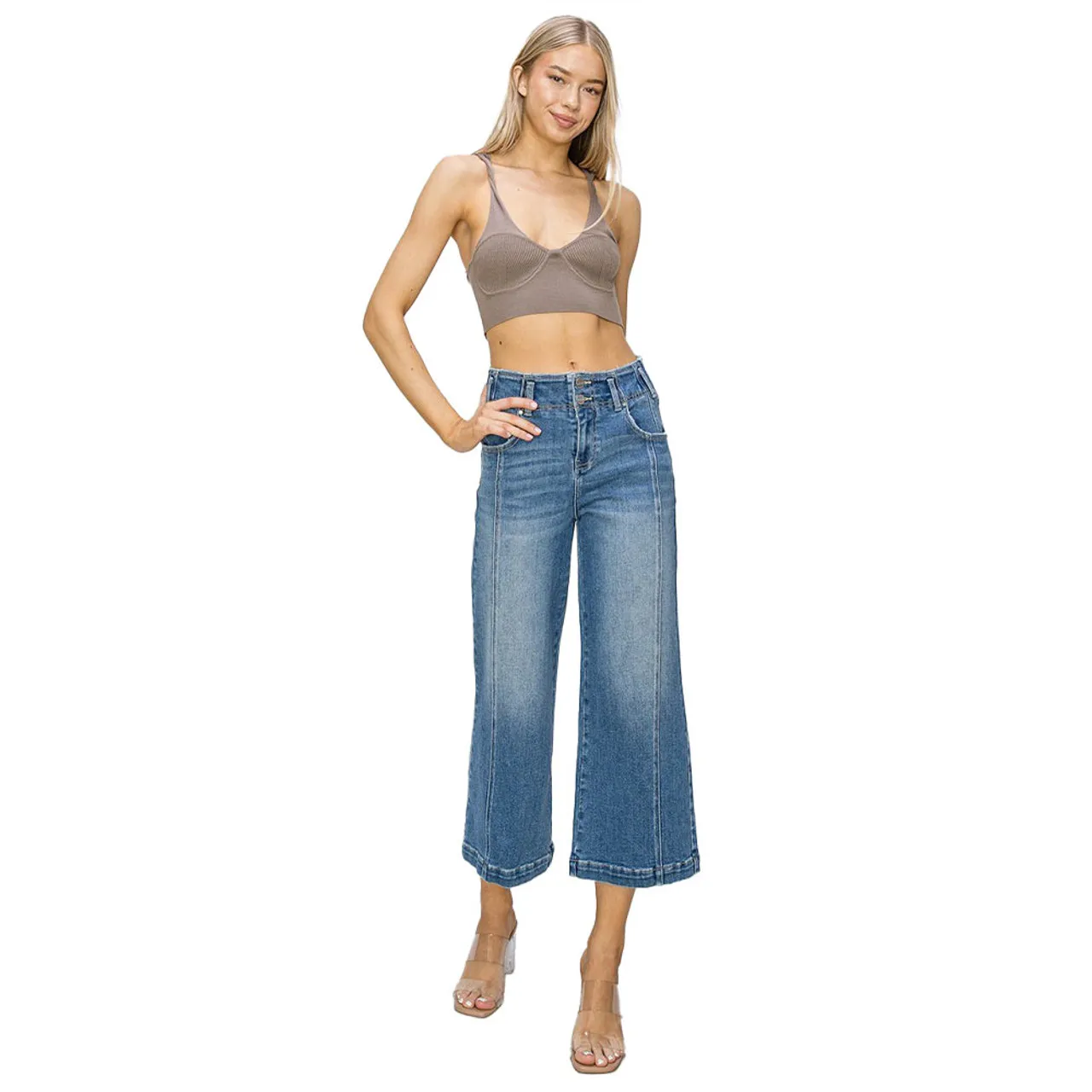 Women's Risen High Rise Front Seam Detail Crop Wide Jeans - Medium