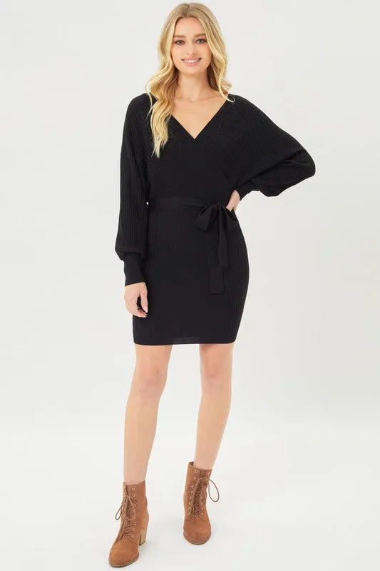 Wrap Belted Ribbed Knit Dress