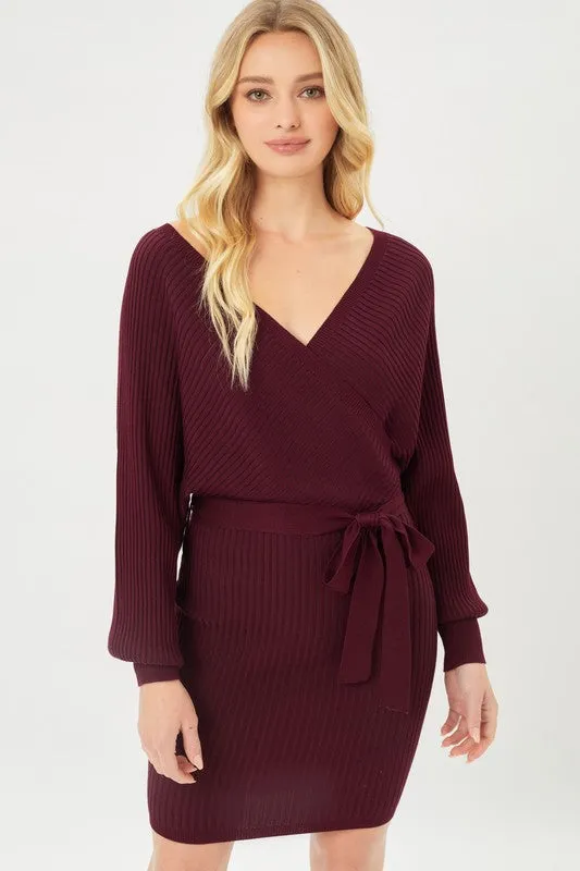 Wrap Belted Ribbed Knit Dress