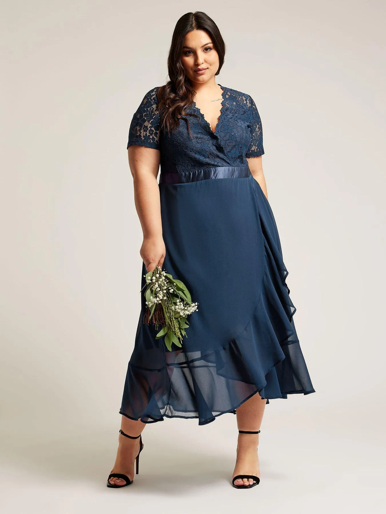 Yours Curve Lace Wrap Ruffle Midi Dress