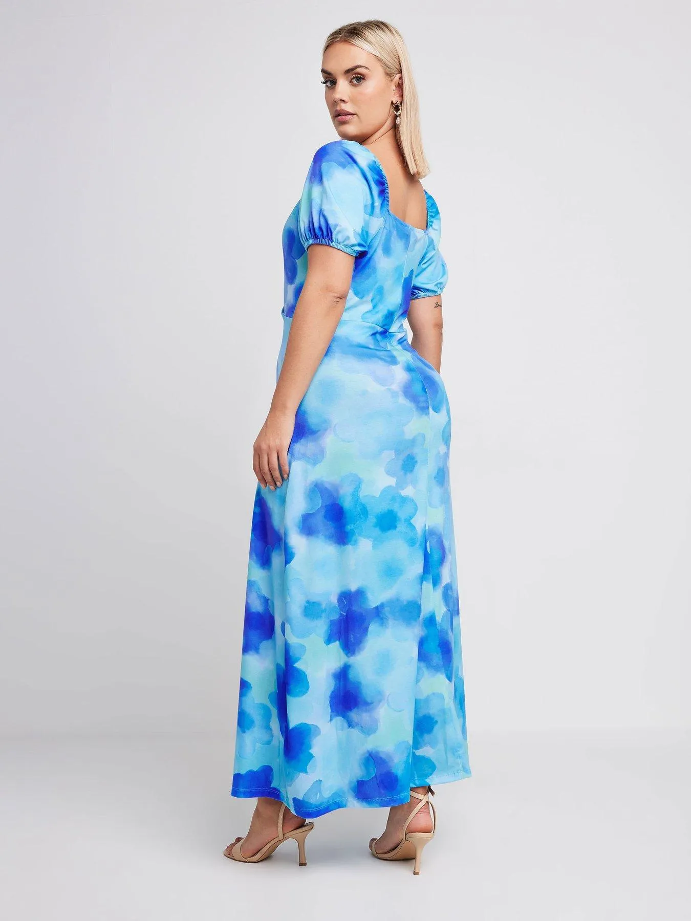 Yours Curve Wrap Over Milkmaid Midaxi Dress - Blue