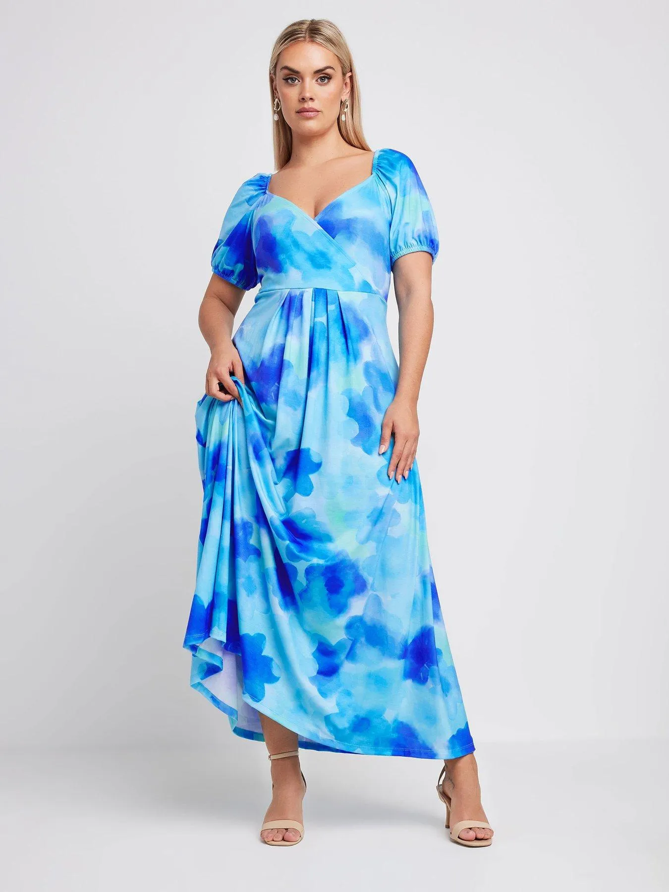 Yours Curve Wrap Over Milkmaid Midaxi Dress - Blue