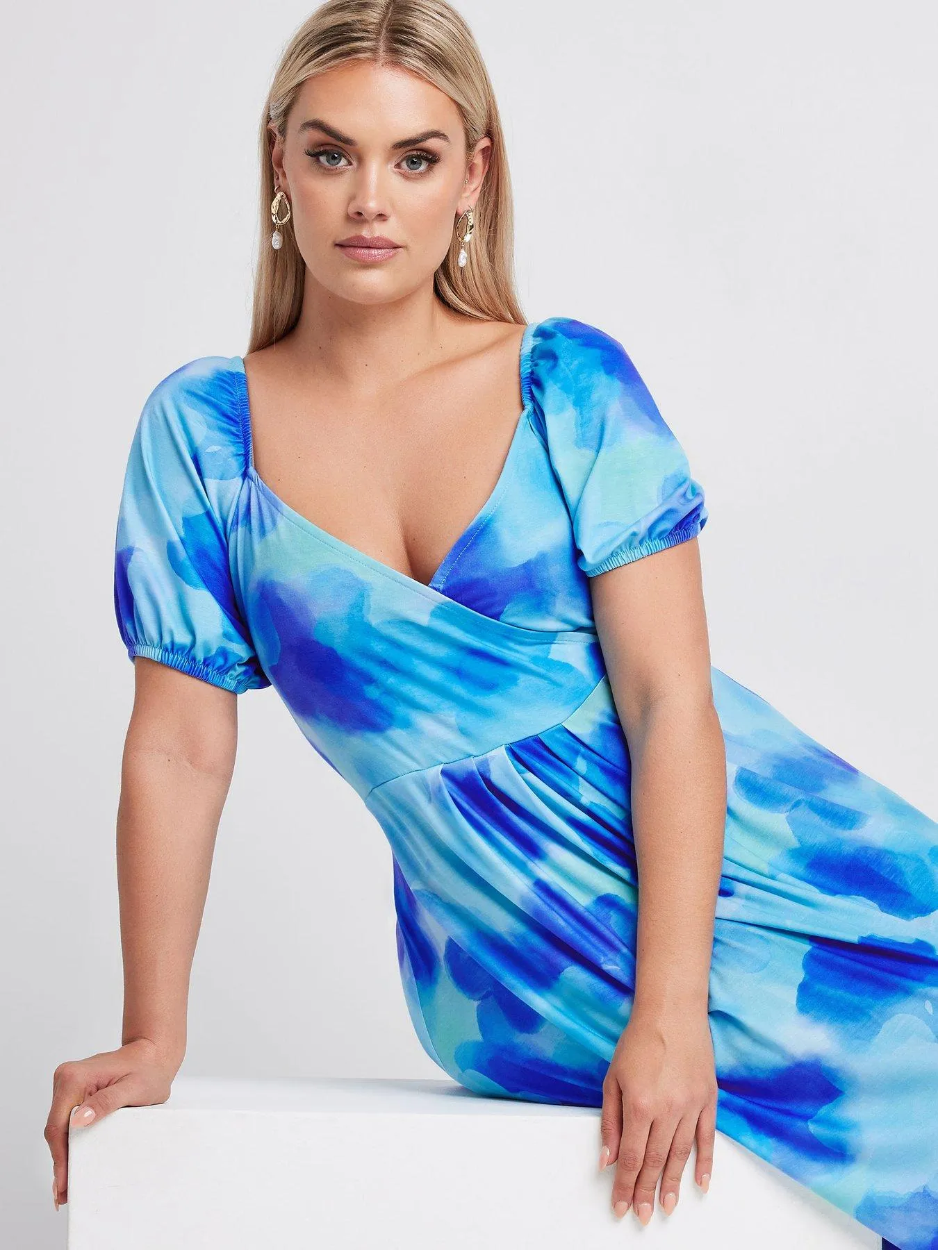 Yours Curve Wrap Over Milkmaid Midaxi Dress - Blue