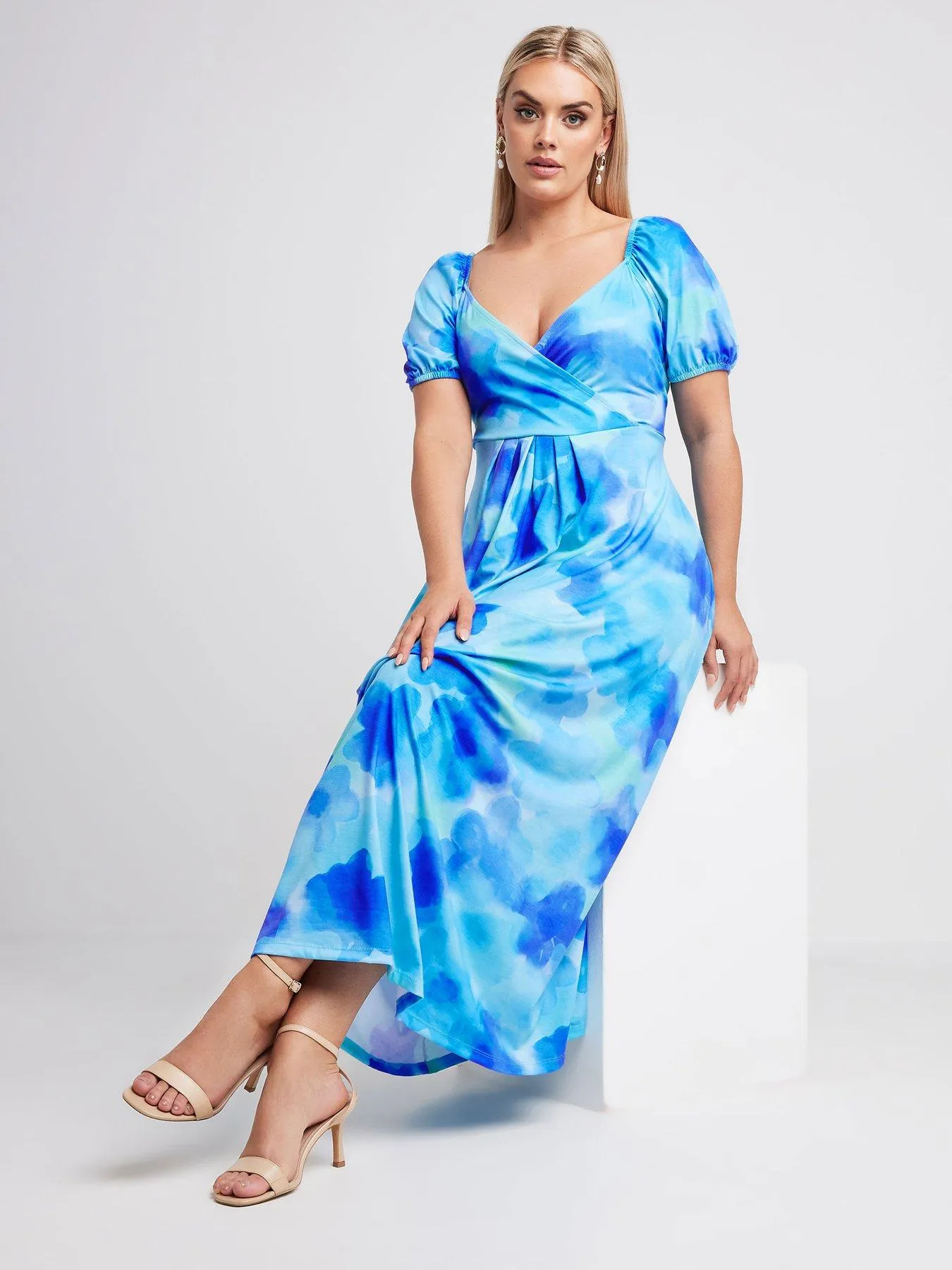 Yours Curve Wrap Over Milkmaid Midaxi Dress - Blue