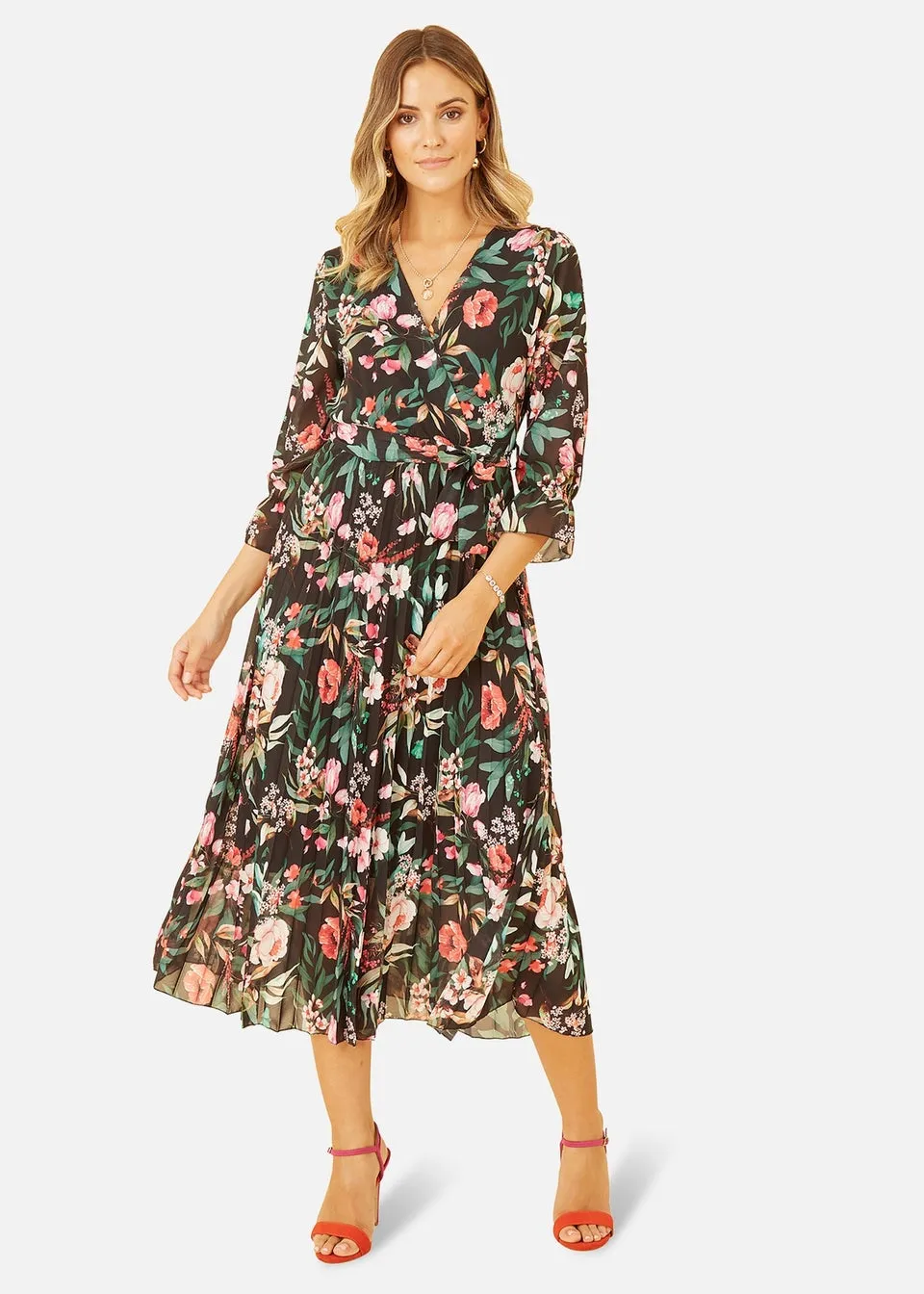 Yumi Black Floral Print Midi Wrap Dress With Pleated Skirt