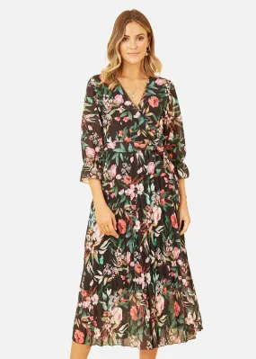 Yumi Black Floral Print Midi Wrap Dress With Pleated Skirt