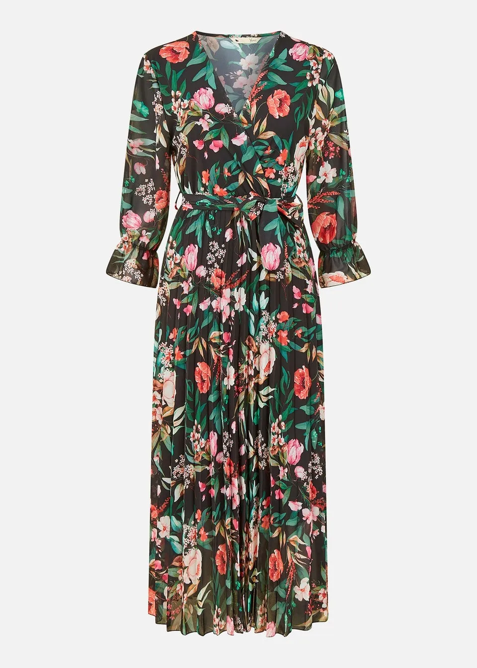 Yumi Black Floral Print Midi Wrap Dress With Pleated Skirt