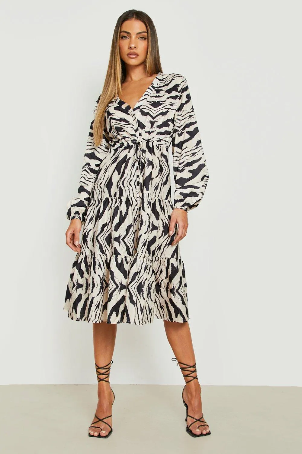 Zebra Wrap Long Sleeve Midi Dress